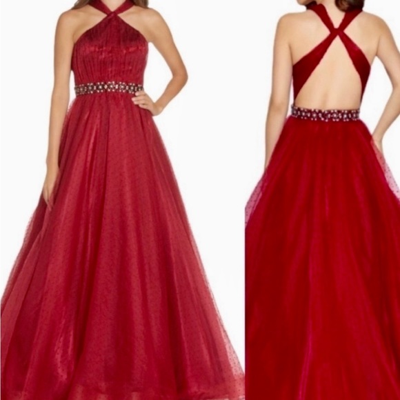 NWOT Beautiful Mac Duggal Burgundy Prom Gown in Tulle Polka Dots - Picture 4 of 8